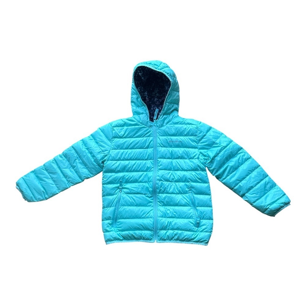 Eddie Bauer Girls Turquoise Blue Quilted Hooded Puffer Jacket Floral Lining